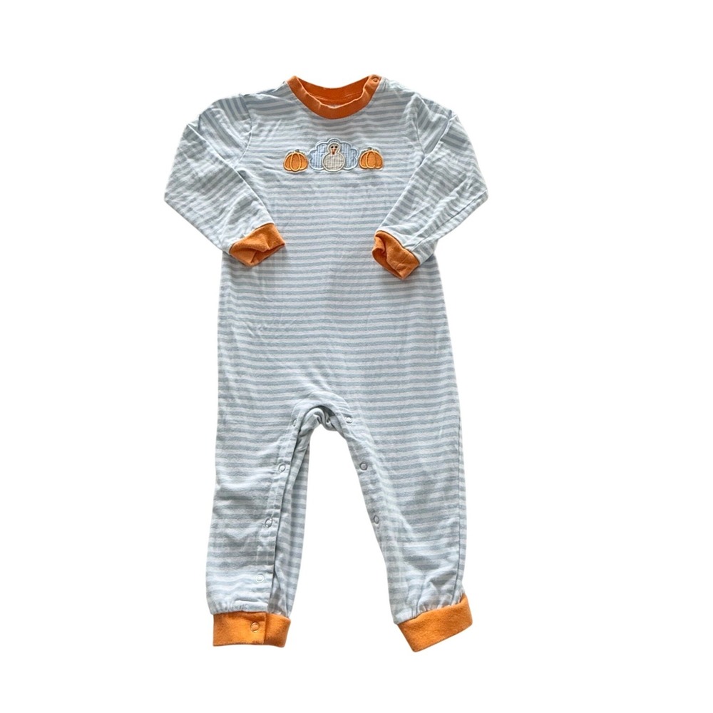 Jelly Bean Romper Size 3 Blue Striped Turkey Pumpkin Fall Thanksgiving